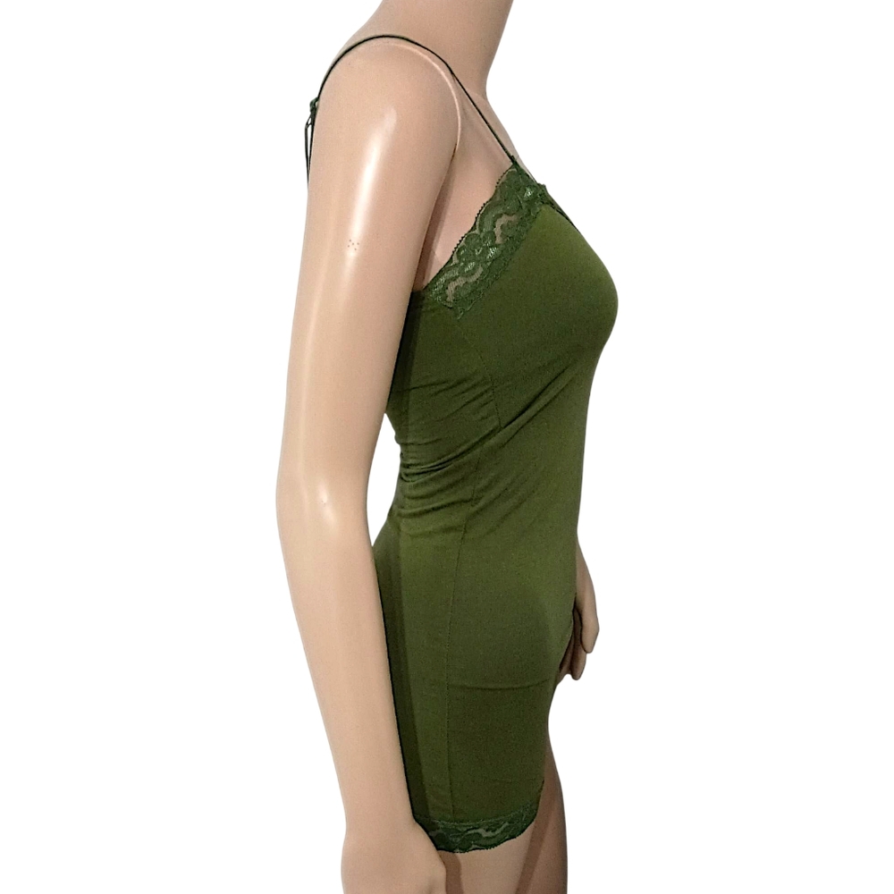 Y2K Lace Trim Fitted Cami Tank Top S Slim Fit Adjustable Straps Long Olive Green - Picture 4 of 16